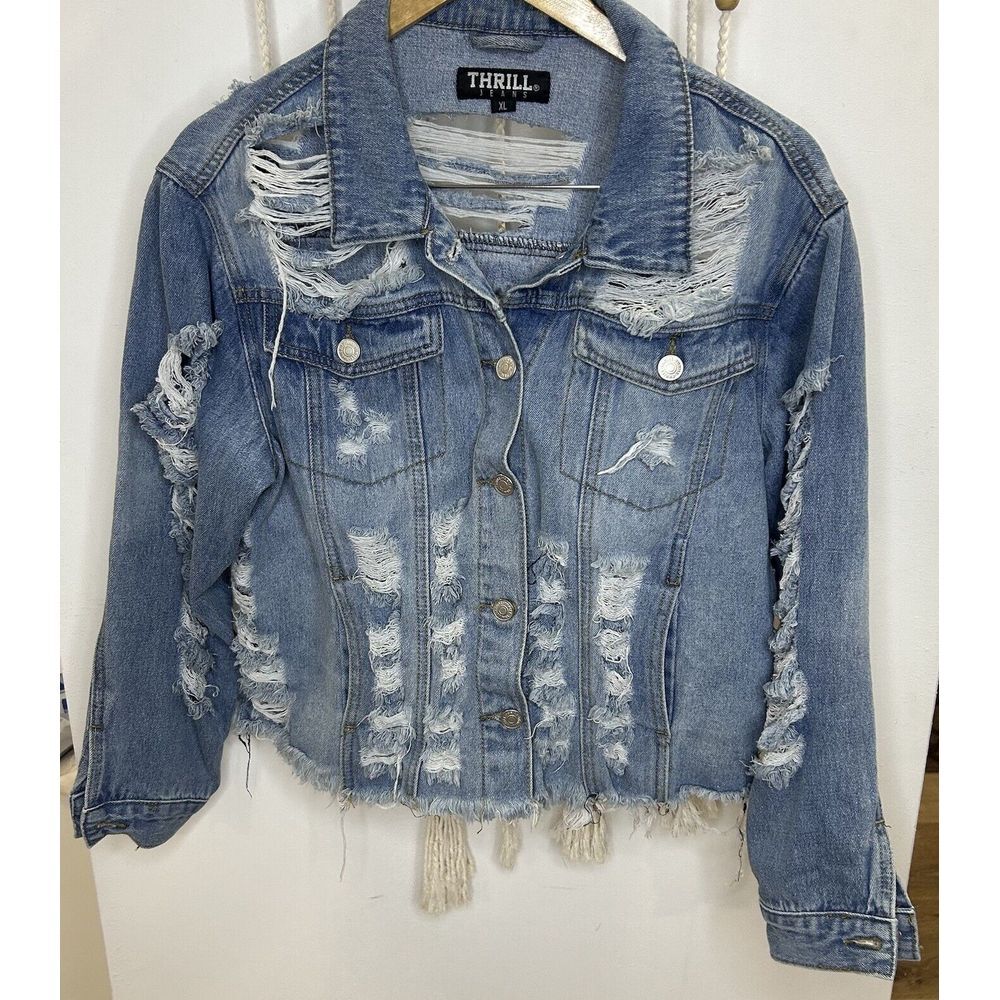 THRILL Jeans Jacket Womens XL Blue Distressed Denim Destroyed‎ Ripped